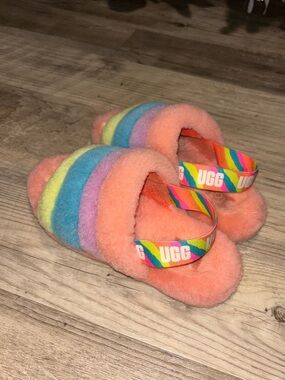 UGG Peach Slides with Multicolor Rainbow Straps